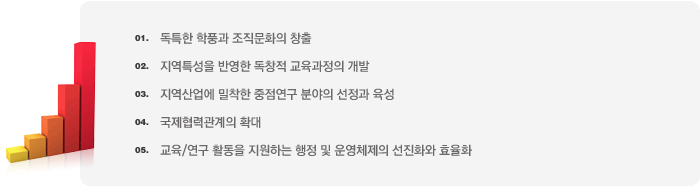 01 독특한 학풍과 조직문화의 창출 2 지역특성을 반영한 독창적 교육과정의 개발 3 지역산업에 밀착한 중점연구 분야의 선정과 육성 4 국제협력관계의 확대 5 교육/연구 활동을 지원하는 행정 및 운영체제의 선진화와 효율화