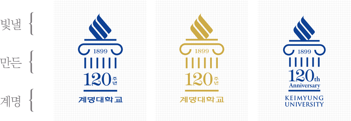 계명대 창립120주년 기념 엠블렘 - 빛낼, 만든, 계명. 국문 블루, 국문 골드, 영문 블루